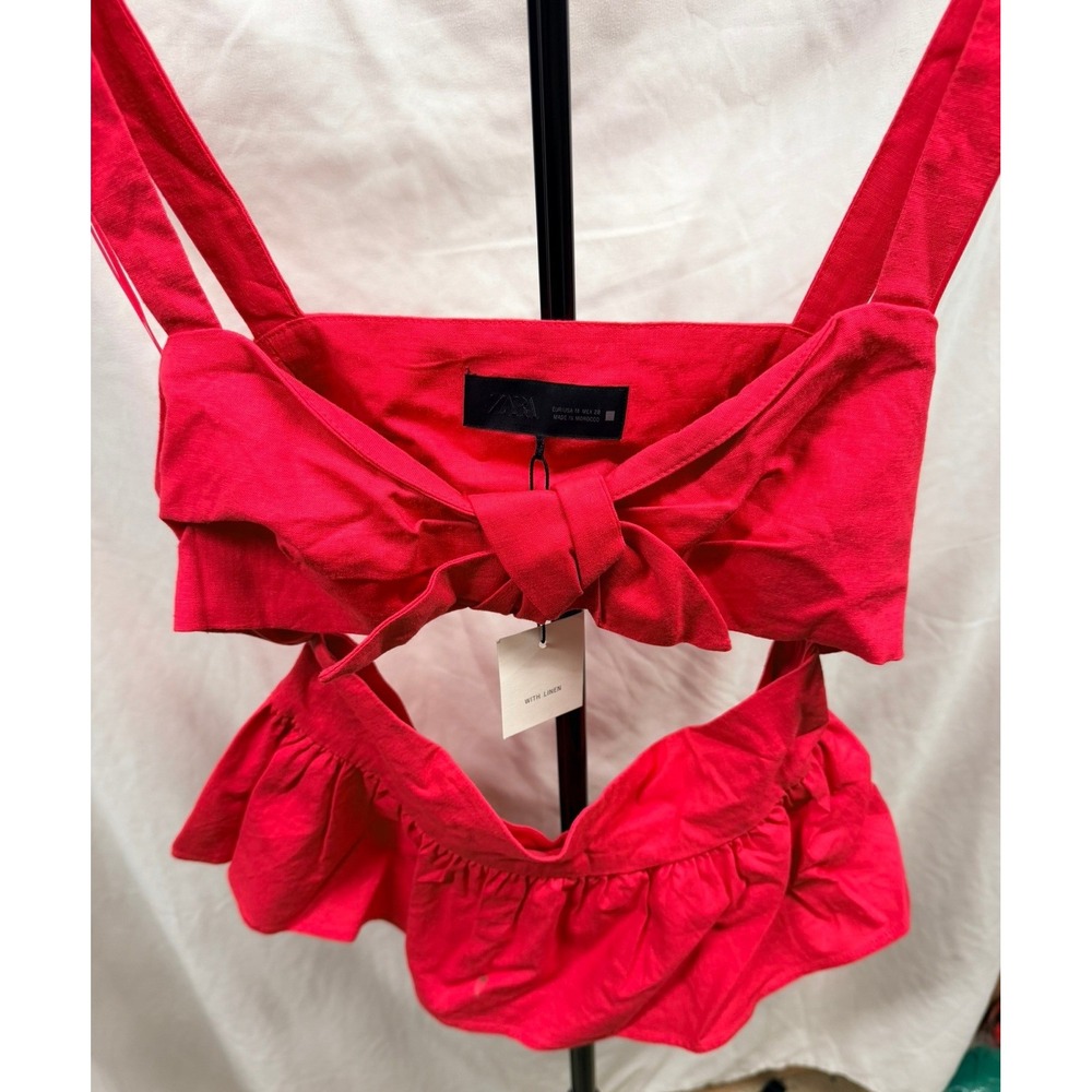Zara New Women's M Magenta Linen Blend Bow Front Feminine Cut-Out Peplum Top - Picture 2 of 7